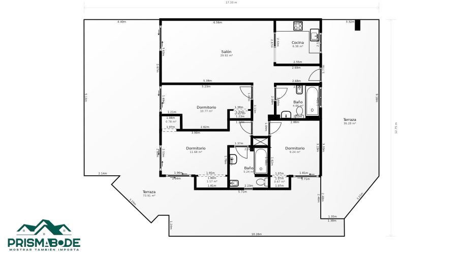 Plano de distribución de un apartamento con varias habitaciones y áreas.